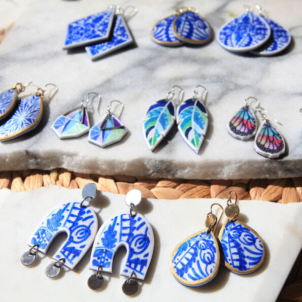 next romance jewellery blue ceramic arch half moon funky shape art earrings arch ceramic art earrings australia vicki leigh feather all
