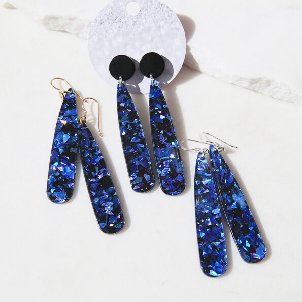 blue black glitter long paddle earrings stick new romance jewellery australia
