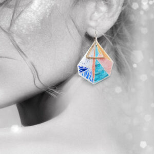 peach triangle handmade earrings Finders Keepers Markets Sydney Big Design EARRINGS Melbourne NEW coloured hair PINK triangle image model Next romance unique creative jewellery Rose Street Artist Markets FITZROY