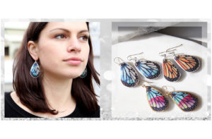 earrings by next romance jewellery brand new funky unique butterfly wing art earring designs eclectic modern australian label handmade in melbourne by vicki leigh printed image based polymer resin designs eclectic and unique illustrated watercolour funky art tile pieces