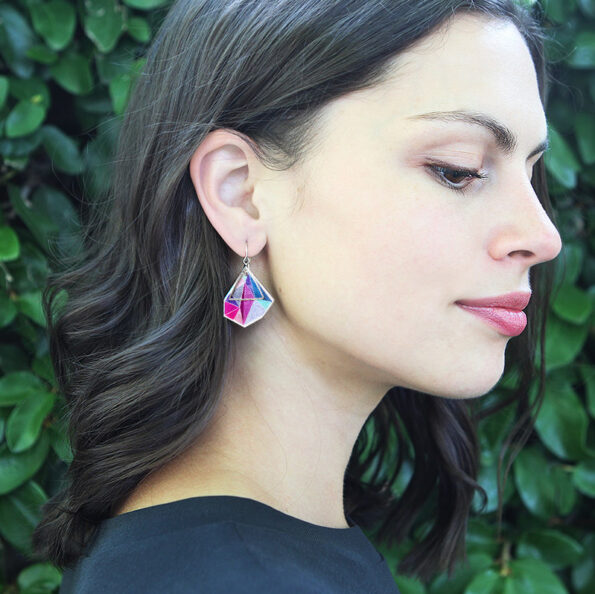 PINK triangle art earrings Next-Romance Jewellery Australia model julz