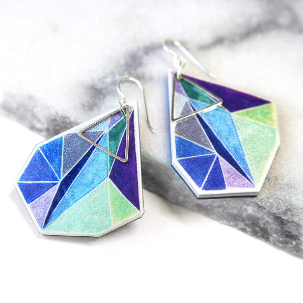 green blue purple triangle art earrings NEXT ROMANCE unique art jewellery green bgd