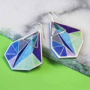 green blue purple triangle art earrings NEXT ROMANCE unique art jewellery green bgd