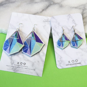 green blue purple triangle art earrings NEXT ROMANCE unique art jewellery green bgd