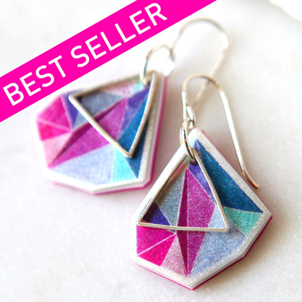 petite next romance triangle art unique earrings pink teal sterling silver
