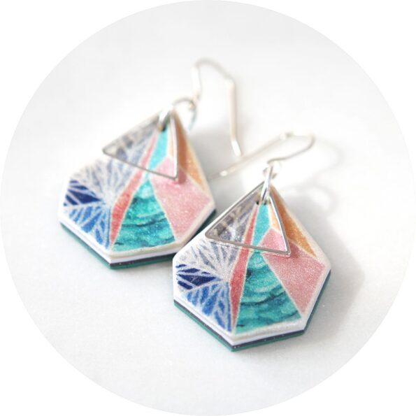 Gorgeous geometric illustrated snowflake design. Silver triangle art earrings pink teal by next romance australian unique designer jewellery made in melbourne