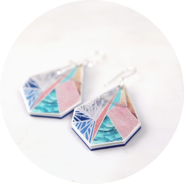 Gorgeous geometric illustrated snowflake design. Silver triangle art earrings pink teal by next romance australian unique designer jewellery made in melbourne