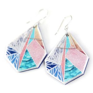 Gorgeous geometric illustrated snowflake design. Silver triangle art earrings pink teal by next romance australian unique designer jewellery made in melbourne
