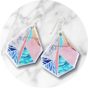 Gorgeous geometric illustrated snowflake design. Silver triangle art earrings pink teal by next romance australian unique designer jewellery made in melbourne