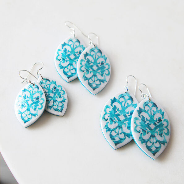 Gorgeous baroque design in painterly teal. Materials: Sterling silvergold-filled hooks and lightweight polyresin handmade art tile. Unique Australian-designed and made art earrings.