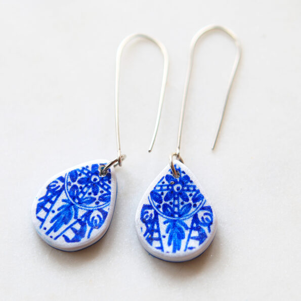 small blue ceramic teardrop long hook sterling silver earrings new next romance jewellery australian made