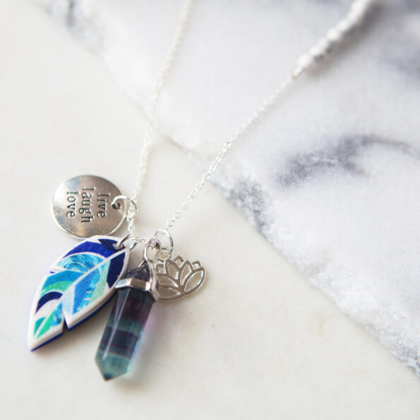 fluorite feather art crystal cluster necklace handmade in australia feather polymer clay resin