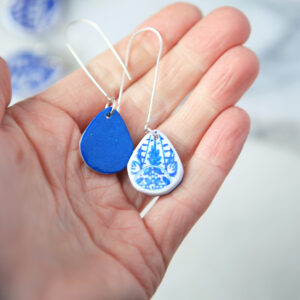 small blue ceramic teardrop long hook sterling silver earrings new next romance jewellery australian made