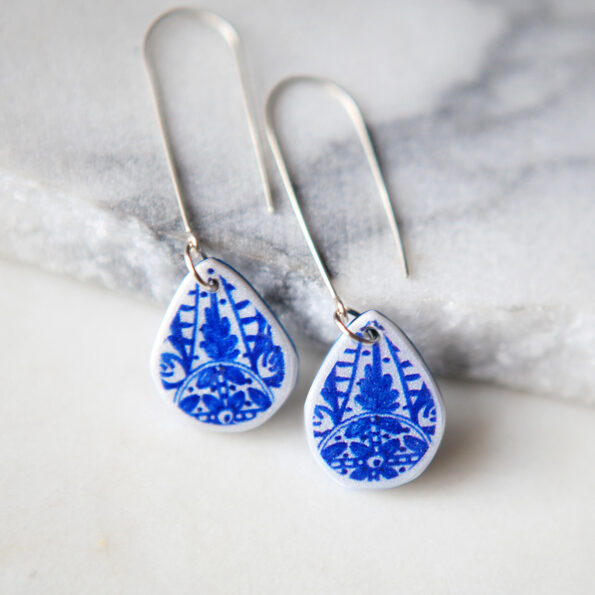 small blue polyresin ceramic look teardrop long hook sterling silver earrings new next romance jewellery australian made