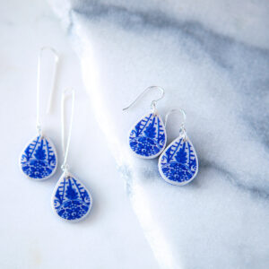 small blue polyresin ceramic look teardrop long hook sterling silver earrings new next romance jewellery australian made