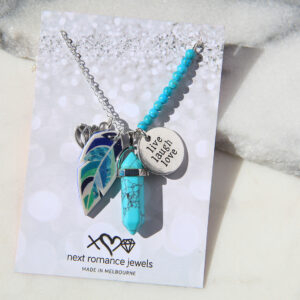turquoise blue green gfeather cluster necklace live laugh love by next romance unique modern jewellery made in australia