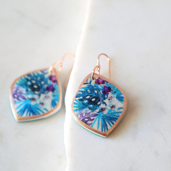 TROPICAL watercolour art earrings marquis teal ROSE GOLD green blue and purple