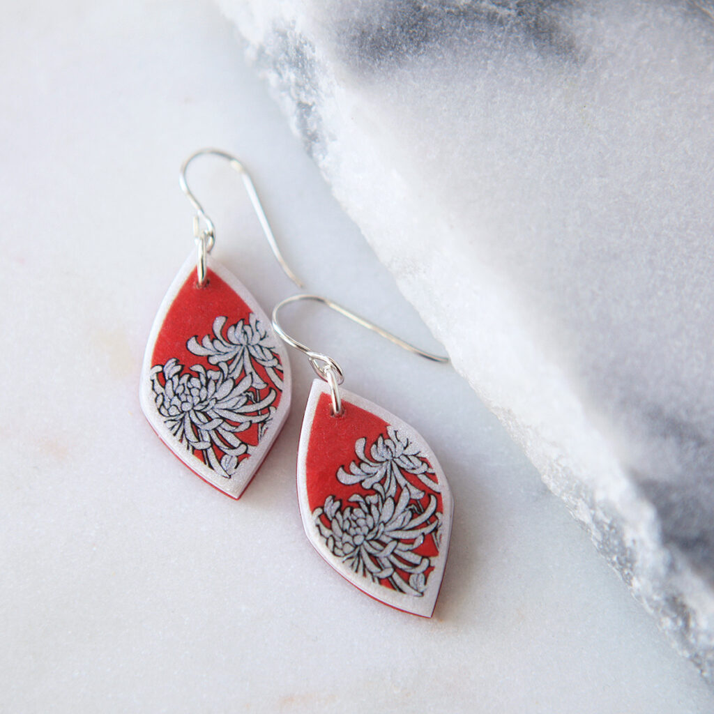CHRYSANTHEMUM illustrated Japanese inspired art earrings red marquis