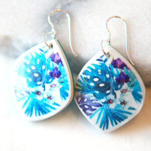tropical chubby marquis earrings monstera leaf design teal and purples next romance jewellery