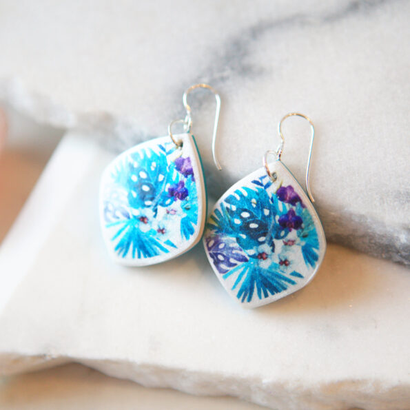 tropical chubby marquis earrings monstera leaf design teal and purples next romance jewellery sizes