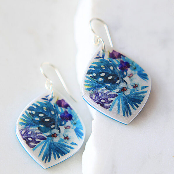 tropical leaf marquis shape art earrings teal purples handmade by Next Romance jewellery Australia