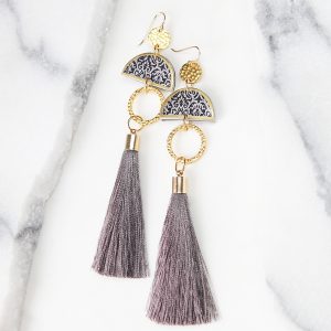 NEXT ROMANCE LIMITLESS LUXE grey tassel moon earrings statement tassels