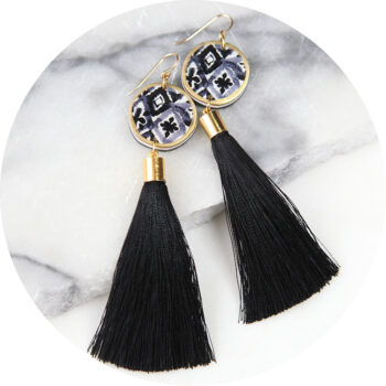 morocco watercolour black ink sun earrings gold tassels NEXT ROMANCE jewellery