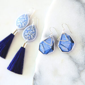 rock art tile earrings blue lines geo original creative art jewellery vicki leigh next romance australian design
