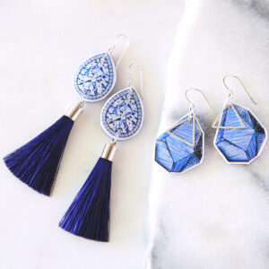 short silver navy diamond tile tassel earrings-new-next-romance-jewellery-australia-handmade-artisan-jewellery
