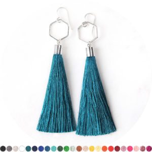 silver peacock teal tassel earrings hexagon NEXT ROMANCE