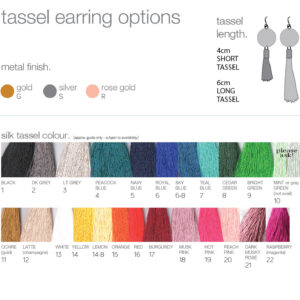 silk Tassel colours options earrings guide NEXT ROMANCE unique JEWELLERY