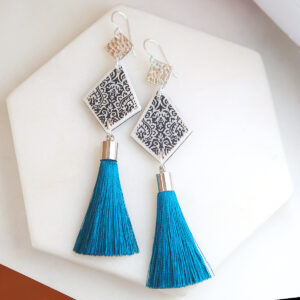 zakaria pattern blue peacock silver tassel dangle earrings next romance jewellery made in australia unique interesting fabulous earrings