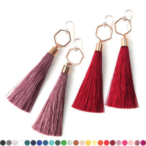 burgundy rose gold tassel earrings hexagon NEXT ROMANCE