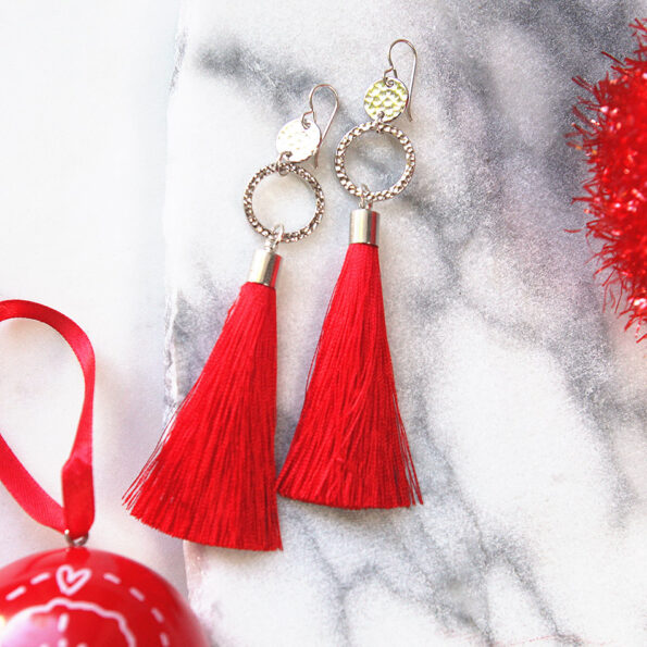red tassel earrings twice double hammered silky soft unique earrings next romance jewellery australia