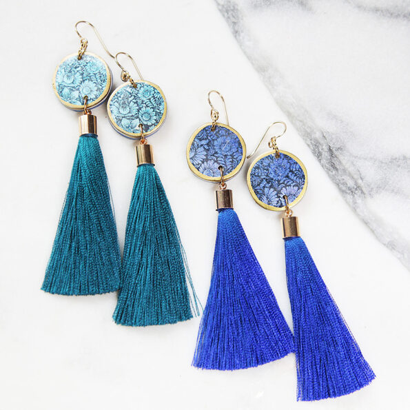 blue gold tassel earrings FLORAL silhouette art - NEW DESIGN.JPG