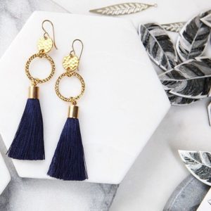 navy tassel earrings gold hammered coin hook NEXT ROMANCE jewellery australia