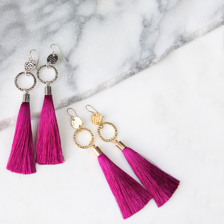Fuchsia Purple and Gold Tassel Earrings – Danielle Fenning Designs
