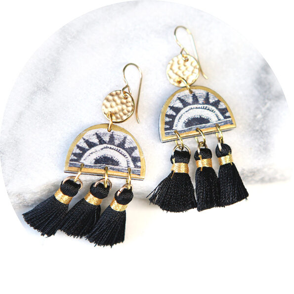 Dancing Sunrise black and gold tassel art earrings mini swingers NEXT ROMANCE jewellery australia.JPG