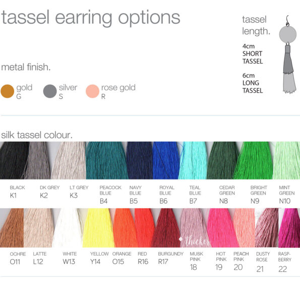 silk Tassel colours options earrings guide NEXT ROMANCE unique JEWELLERY