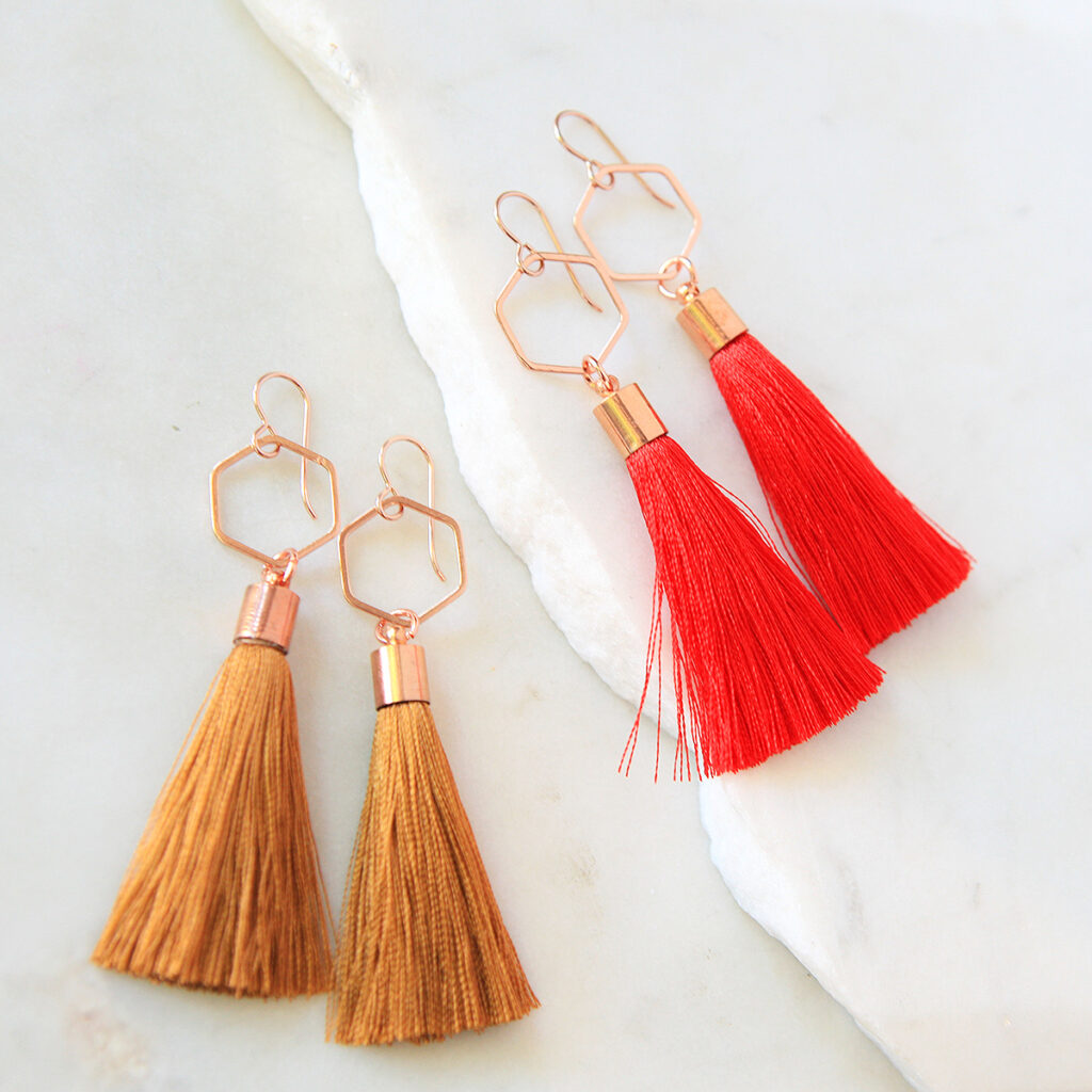 HEX TASSEL earrings ROSE GOLD – choose tassel colour – Colourful and ...