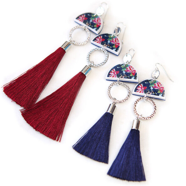 Devoi tassel dancer earrings AW18 querencia collaboration blue burgundy silver floral