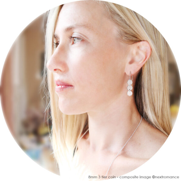 8mm 3 tier coin silver earrings model sarah next romance jewellery