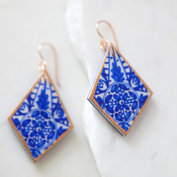 Sapphire INK diamond shape rose gold large earrings with beautiful blue ceramic-style art statement next romamce australian jewellery