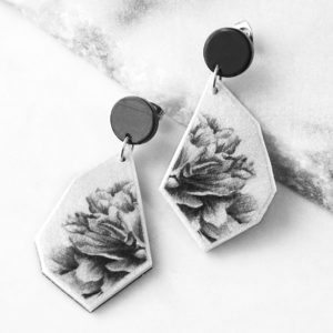 BW peony rose jewellery hand made in australia crop art tile earring GEOmetric NEXT ROMANCE stud