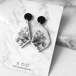 BW peony rose on CARD tile earring GEO NEXT ROMANCE stud jewellery hand made in australia