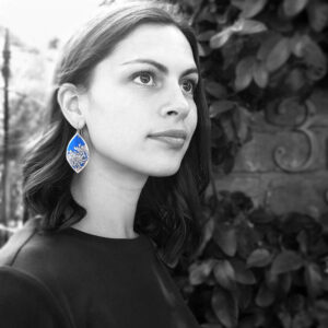 blue chrysanthemum earings on model next romance jewellery melbourne