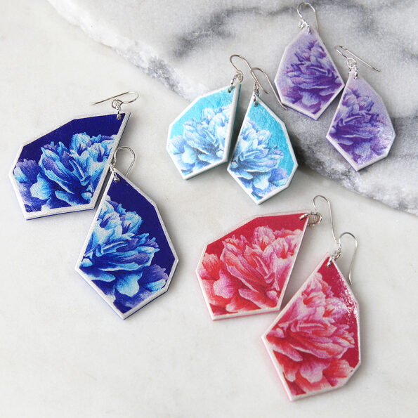 navy blue peony geo rose art tile earrings next romance jewellery