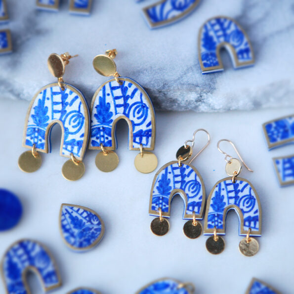 arch blue ceramic style earrings with coin new next romance jewellery australian made