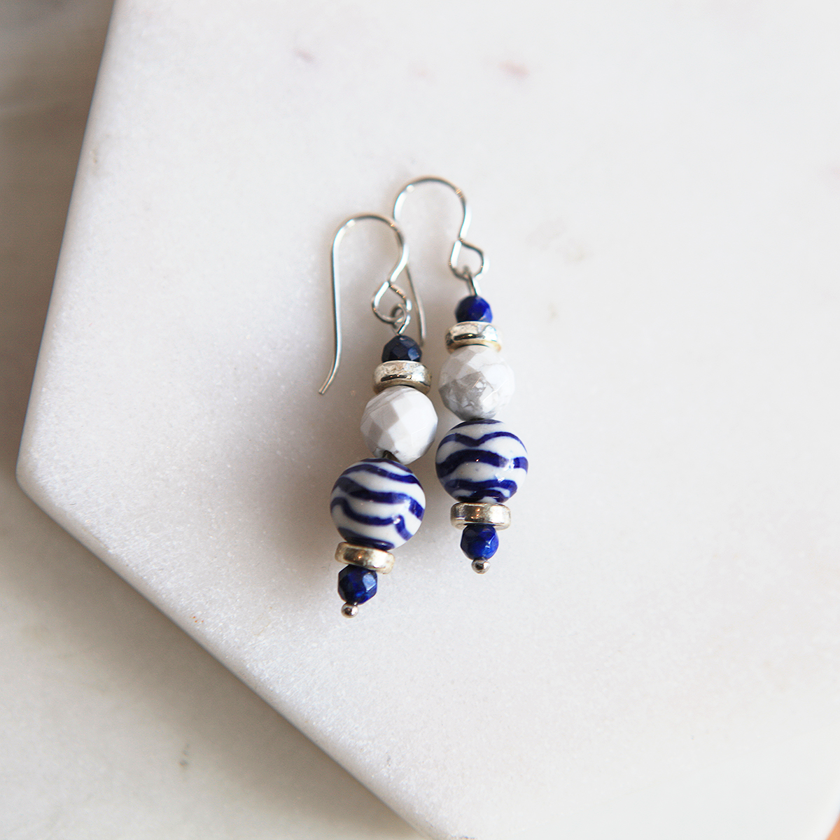 Gemline Earrings Blue Silver Ceramic Howlite And Lapis Colourful And