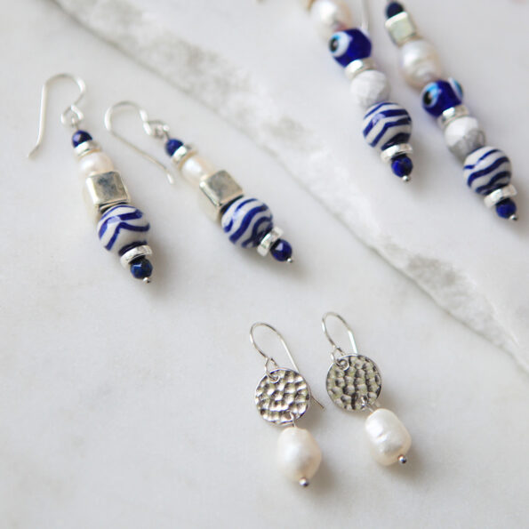 pearl silver drop earrings and blue bar beads next romance jewellery